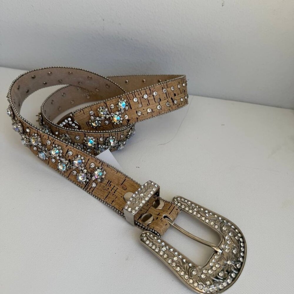 Nocona Western Rhinestone Studded Belt Cork Leather Silver Buckle